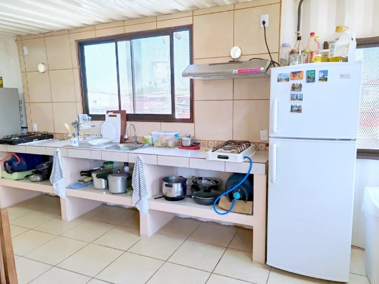 Un puesto de cocinar en la cocina grande de Pension Bellotas con refrigeradora, estufa, extractor con filtro de grasa y fregadero.
